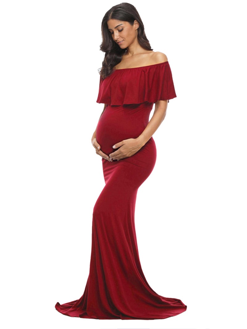 Glampunch Womens Off Shoulder Maternity Dress Ruffles Elegant Slim Gowns Fit Maxi Photography Dress Burgundy - Image 1